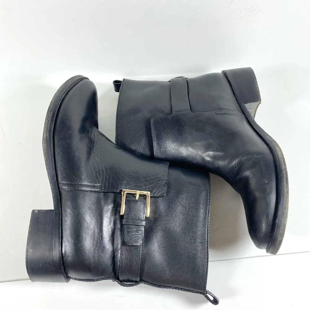 Tory Burch Black Tumbled Leather Moto Ankle Boots Mid Buckle Booties size 9